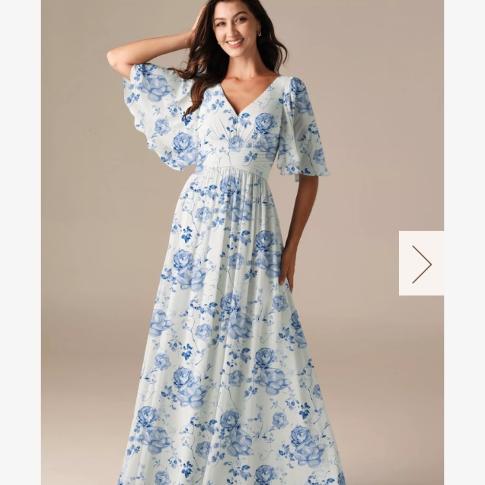 Floral V-Neck Blue & White Maxi Dress